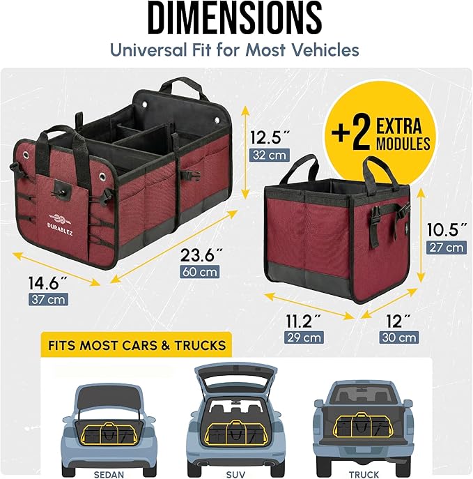 5-Section Trunk Organizer for SUV, Truck, Sedan, Van – Modular Extra Large Cargo Storage Bin, Detachable Car Trunk Organizer with Dividers, Collapsible Auto Organization System – Cherry Red