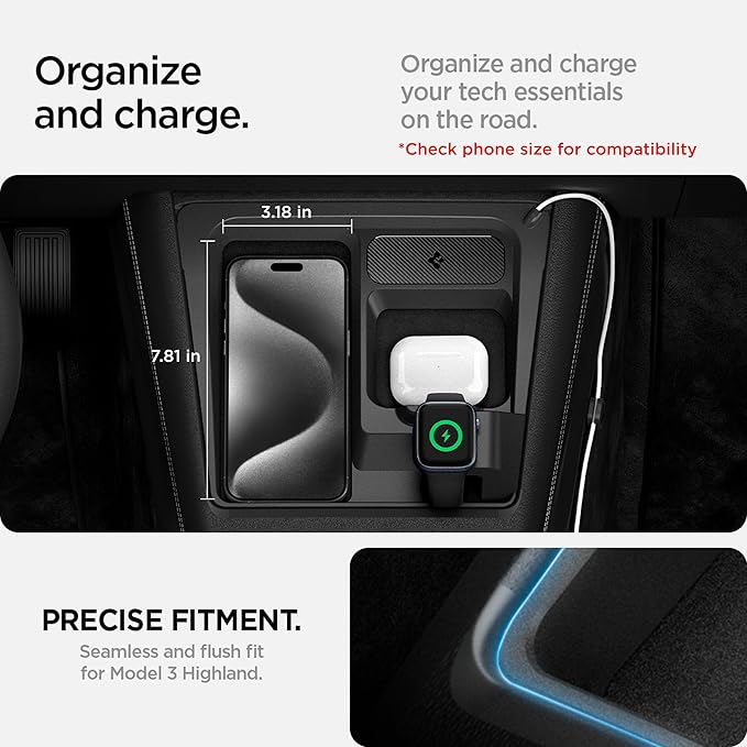 Spigen 3-in-1 Organizer Mount for Tesla Model 3 Highland (Standard, Premium & Performance 2024/25/26) (Watch Charger Not Included) - Uses Wireless Charging Pad - Charge iPhone, AirPods, Apple Watch