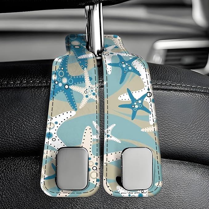 Car Seat Back Storage Headrest Hook, Premium Leather Double Metal Hook, Hanger Storage Organizer for Purse Cloth Bag, Car Interior Accessories Cute Blue Seastar