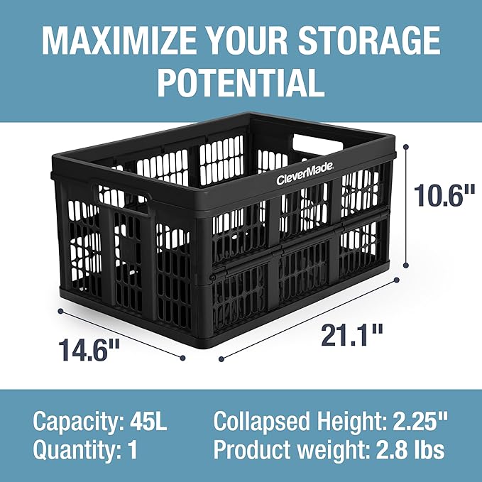 CleverMade Collapsible Utility Crates 45L (3 Pack) – Foldable Plastic Crates with Heavy Duty 66 lb Capacity, Collapsible Crates for Storage, Trunk Organization, Moving - Obsidian