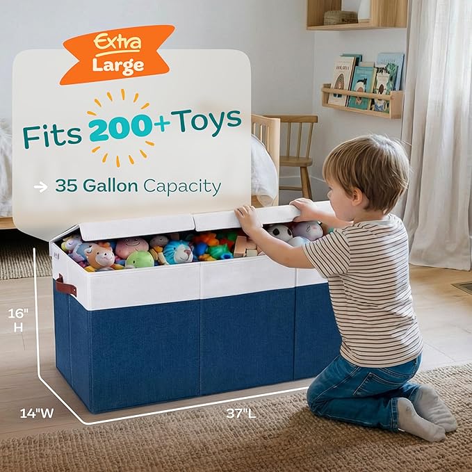 Extra Large Toy Storage Organizer with Lid - Sturdy, Collapsible Toy Chest Storage Box Design - Toys Bin with Dividers for Kids, Nursery, Bedroom, Playroom 37"x16"x14"