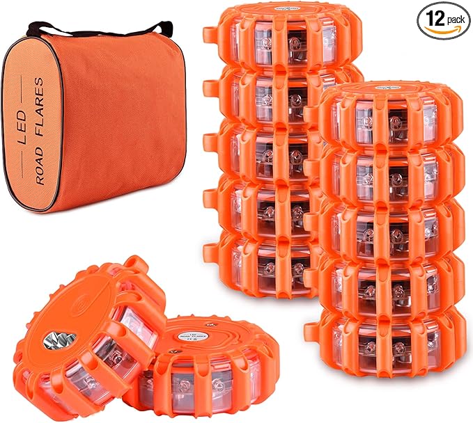 AK [12 Pack LED Road Flares Safety Flashing Warning Light Roadside Emergency Disc Beacon Kit for Vehicles Boats with Magnetic Base & Hook, Premium Storage Bag (Batteries Not Included) (12)