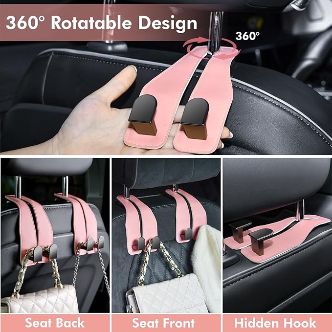 Car Hooks for Headrest, Leather Car Seat Back Storage Organizer Interior Accessories, More Wide & Deep Auto Seat Hook Hangers for Purse Umbrellas Handbag Clothes Coats Grocery Bags (Pink-2 Pack)