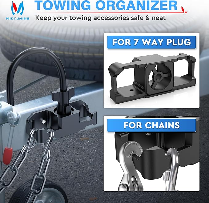 MICTUNING Trailer Towing Organizer for 7 Way Plug, Heavy Duty Side Hooks Chain Cable Wire Harness Holder, Anti-Rust Aluminum Metal RV Accessories