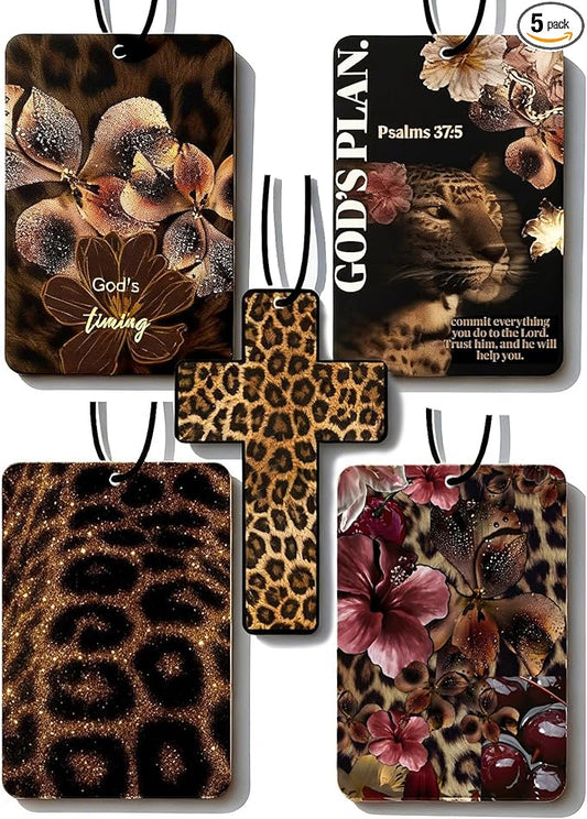 Leopard Print 5pcs Car Air Freshener Corss Christian Cheetah Print Car Accessories Automotive Interior Hanging Scents Mirror Decor for Women Teen Girls