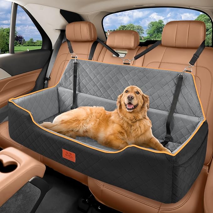 XIEEAOZEE Large Dog Car Seat, Memory Foam Dog Car Bed for Backseat & Trunk, Washable Pet Booster Seat Under 100 lbs or 2 Medium Dogs, Pet Travel Seat with Storage Pockets,2 Safety Belts