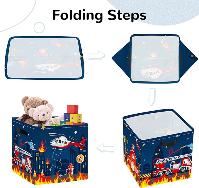 Clastyle Cars Kid Storage Cube Organizer Set Closet Clothes Cube Storage Bin Nursery Toddler Toy Box Chest Girl Boy Book Shelf Basket,‌Fire Truck,11.8x11.8x11.8 in