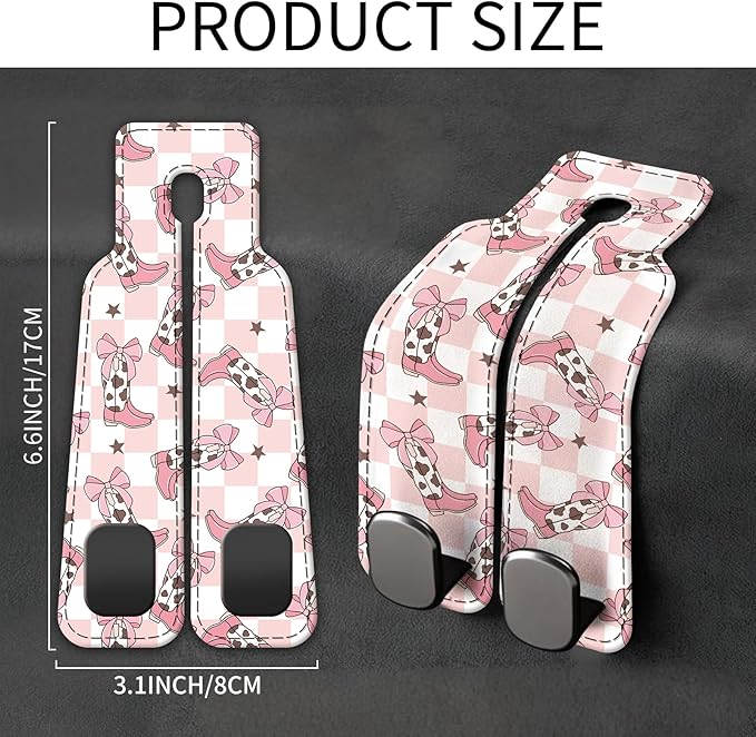 Car Seat Back Storage Headrest Hook, Premium Leather Double Metal Hook, Hanger Storage Organizer for Purse Cloth Bag, Car Interior Accessories Checkered Cow Bowtie