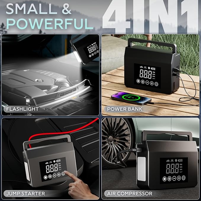 Hieha 4000A Jump Starter with Air Compressor, 12V Portable Car Battery Charger, 150PSI Tire Inflator, 15000mAh Power Bank, LED Flashlight for All Gas 8.0L & Diesel 7.0L Vehicles