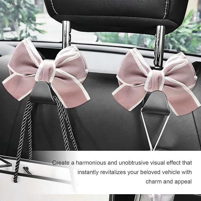 2 PCS Car Seat Headrest Hooks, Adorable Bow Knot Storage Hooks Multipurpose Vehicle Headrest Organizer, Auto Seatback Bowknot Hanger Interior Decoration for Car Truck SUV (Pink)