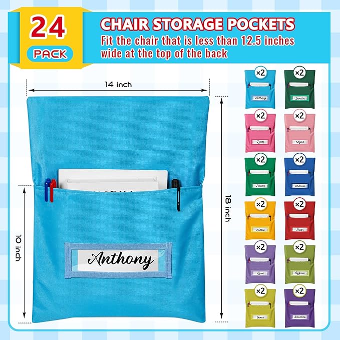 Chair Pockets for Classroom Chairback Pocket Chart 14 x 18 Inch Desk Organizer Pocket Chair Bag for Seat School Classroom (Classic,Bright,24 Pcs)