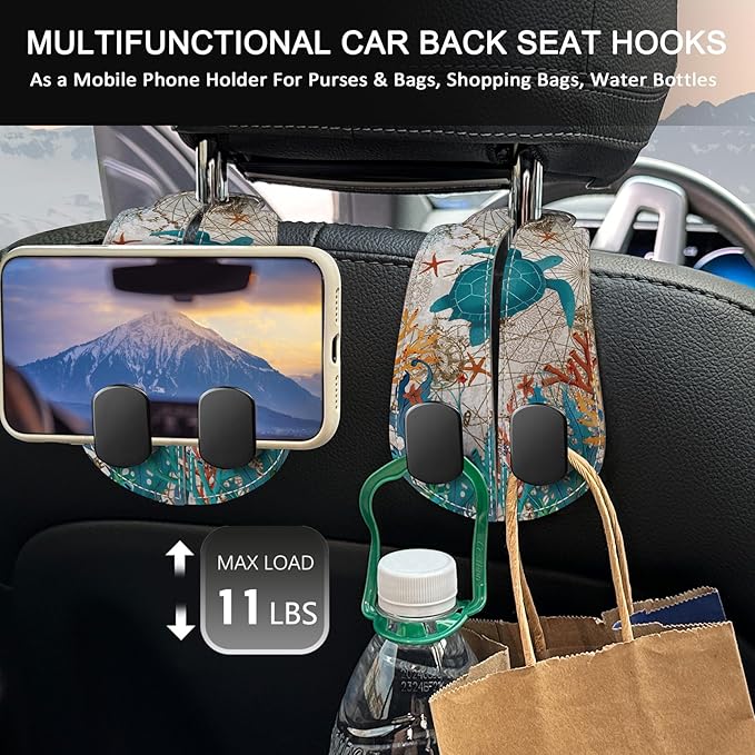 Blusabaca 2PCS Car Seat Back Storage Headrest Hooks, Sea Turtle Purse Holder Bags Hanger, PU Leather Double Metal Hook for Backseat Organizer, Women Car Accessories Organization