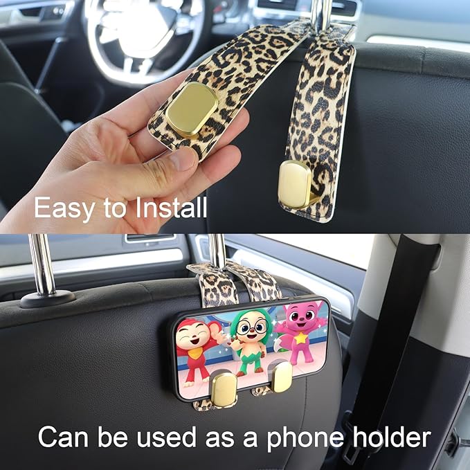 Purse and Bag Hook for Car, Zinc Alloy Seat Headrest Hooks, Upgraded Leather Car Seat Back Purses Hanger and Bags Holder (Leopard, 2Pack)