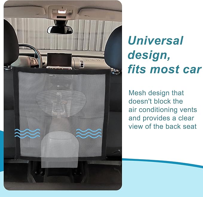 Dog Car Net Barrier, with Adjustable Rope and Hook, Pet Barrier Backseat Dog Car Net, for SUV Pickup, Dog Car Net Barrier, Black, 20.87"x20.87"