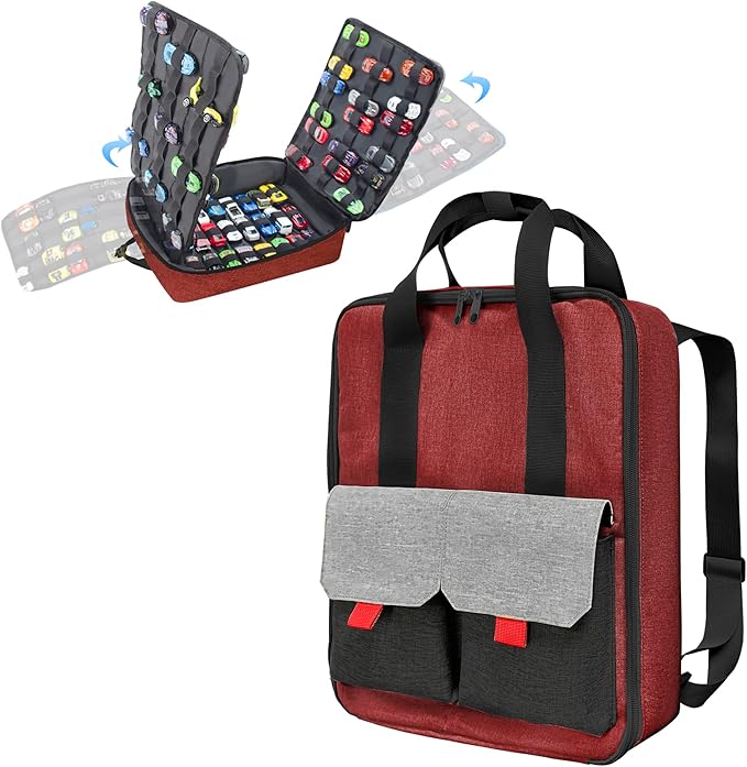 KISLANE Car Storage Backpack Organizer with Elastic Slots – Portable Backpack Carrying Case for 1:64 Scale Cars, Hands-Free Travel Storage Bag for Collection and Organization