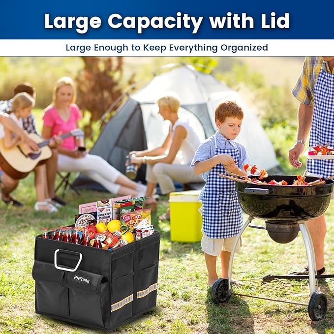 Trunk Storage Organizer with Lid, 35cm Small 36L Collapsible Car Trunk Organizer,Small Car Organizer Aluminium Handle, Car Accessories for Sedan Auto SUV Truck Minivan Road Emergency Black