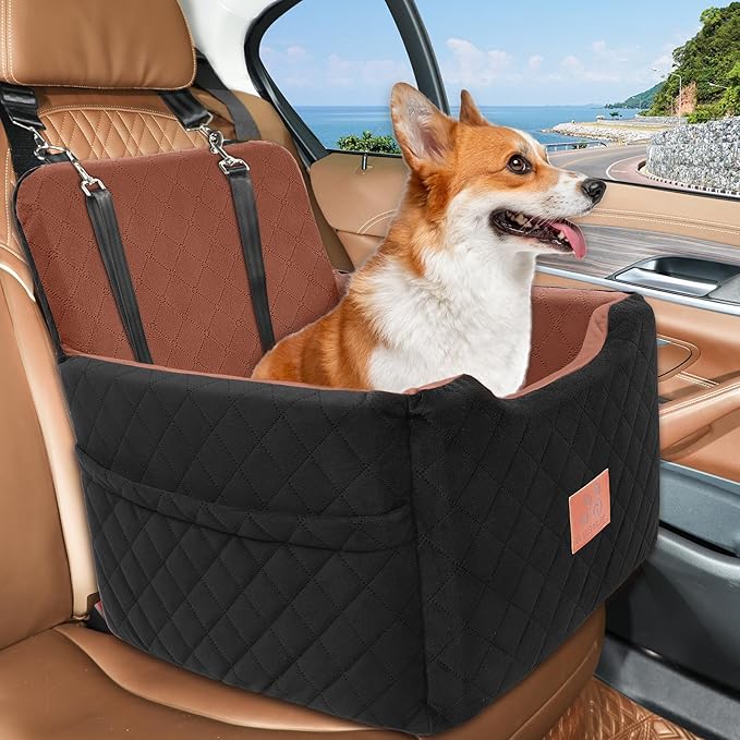 GL GLENSLAVE Dog Car Seat for Small/Medium Dogs Under 35lbs,Memory Foam Dog Booster Seats,Detachable and Washable Traval Pet Car Seat, Dogs Bed with 2 Safety Belts(Balck/Brown)
