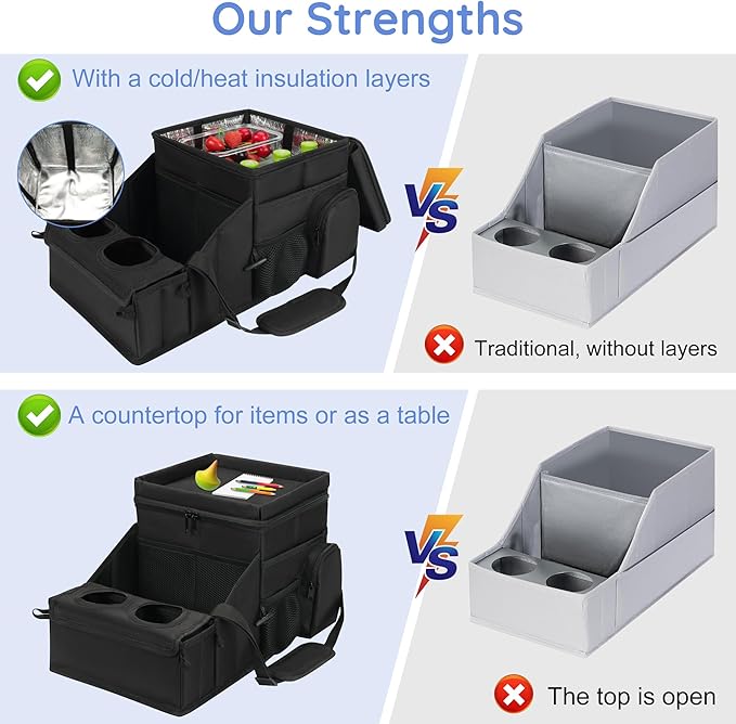 Car Organizer for Front Seat Organizer and Storage, Collapsible Car Caddy, Passenger Seat Organizer with Partitions & Cup Holders, Car Organization for kids and Adults (Black)