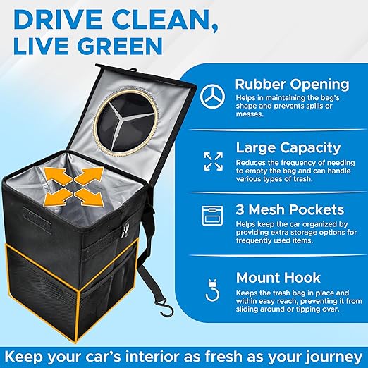 EcoNour Car Trash Can with Lid (1.5 Gallons), Hanging Garbage Can, Water Proof Trash Bag for Car, SUV, Truck, Car Trash Bin (Black), Car Trash Accessories with Multipurpose Storage