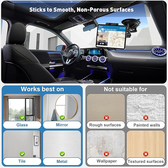 Heavy Duty Aluminum iPad Suction Mount for Truck Car, Anti-Shake Dashboard Windshield Tablet Holder, Thick Case Friendly, Fits 4.7-12.9" iPad Pro 12.9 Air Mini Samsung, 360° Rotation Off-Road Aviation