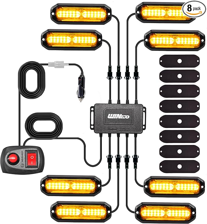WINECO Amber 8PCS LED Strobe Lights Kit 12V 24V Sync Feature 12 LED Emergency Hazard Warning Lights with Strobe Controller for Trucks Vehicles ATV RV Cars Van