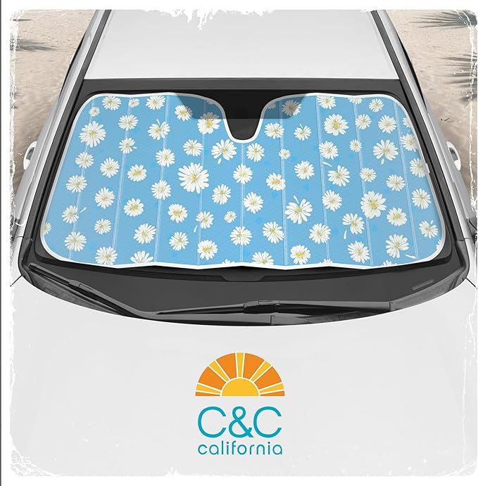 C&C Blue Daisy Car Windshield Sun Shade - Sun Visor Sunshade for Car Windshield - Window Shades for Cars, SUV & Truck - Dash Cover UV Protection for Front Window Shade Accessories - 57" x 27"