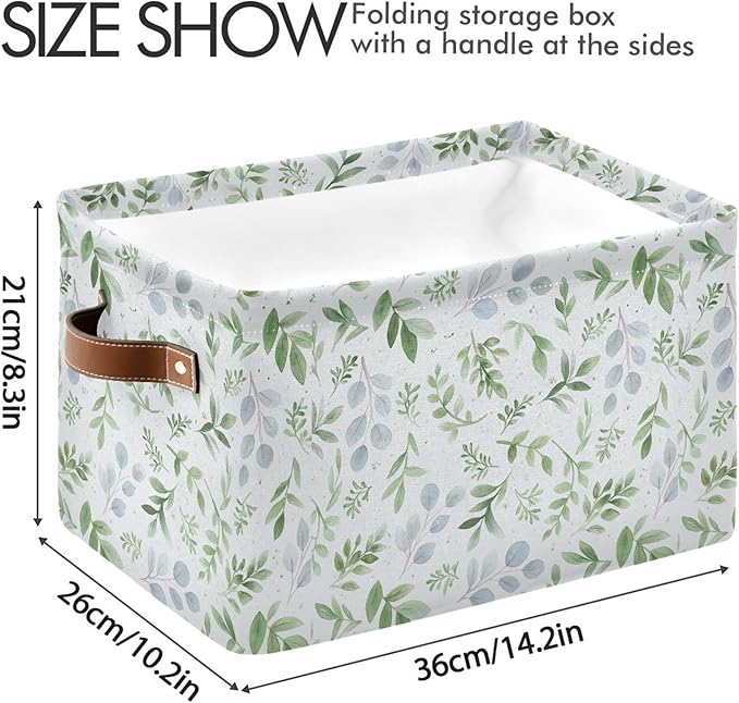 Wamika Eucalyptus Leaves Storage Basket with Waterproof Liner and PU Handles Green Leaf Storage Bins Boxes 14.2" Collapsible Decorative Organizer Baskets for Bedroom Closet Office 1 Pack