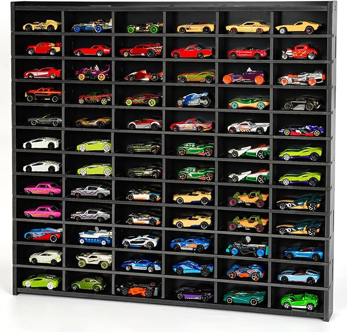 Toy Car Storage Display Case, 72 Slots Model Car Display Shelf for 1/64 Scale Toy Cars, Wall Mount Organizer Rack for Diecast Models (Black)