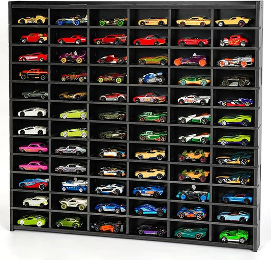 Toy Car Storage Display Case, 72 Slots Model Car Display Shelf for 1/64 Scale Toy Cars, Wall Mount Organizer Rack for Diecast Models (Black)