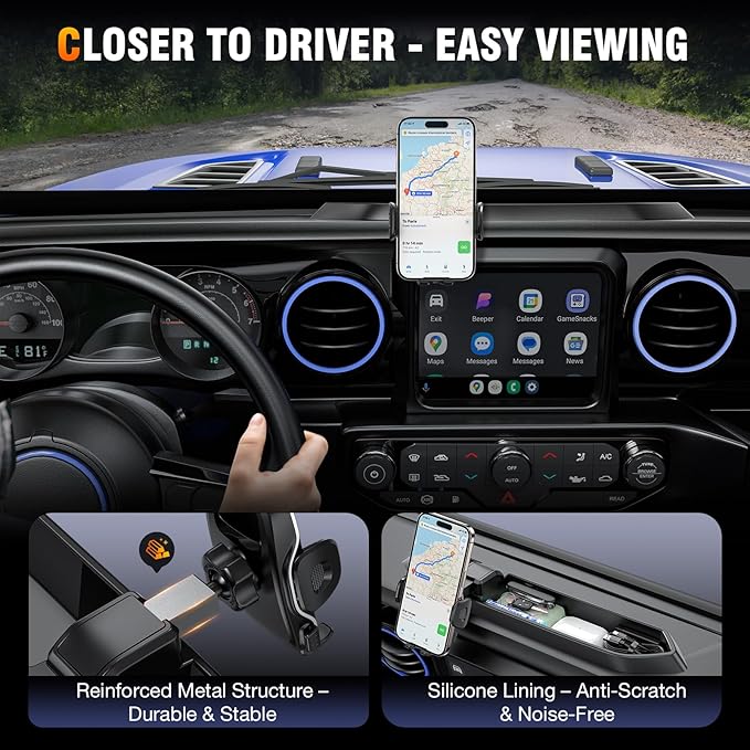 Dashboard Phone Mount for Jeep Wrangler JL JLU & Gladiator JT (2018–2023) – Storage Tray Organizer with Metal Clamp Arm & Extension Rod, Scratch-Free Silicone Base, No-Rattle Design, Not for 4xe