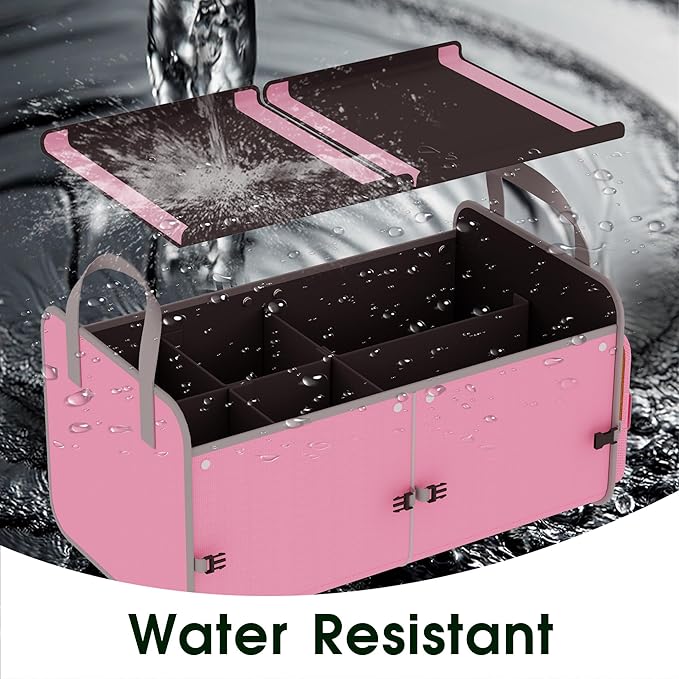 Car Trunk Organizer for SUV, 70L Heavy Duty Waterproof Trunk Organizer, Foldable Vehicle Organizer with Anti-Slip Base, 24”x13.8”x11.8”, Pink-M003