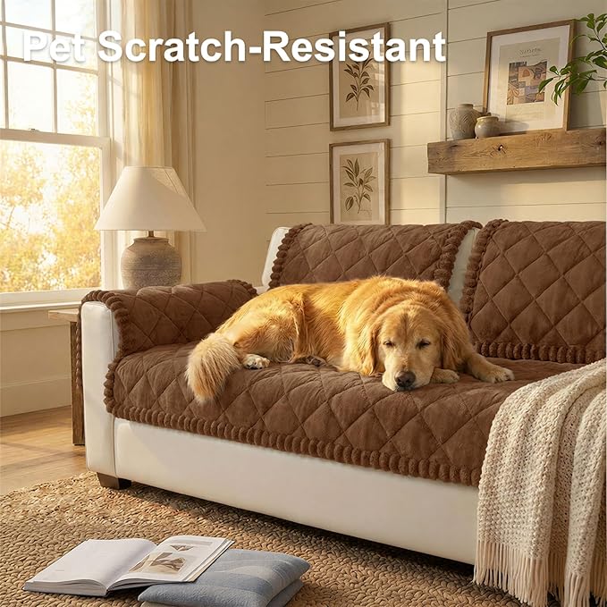 Smiry Fuzzy Couch Cover for Dogs, Non Slip Washable Pet Sofa Cover, Scratch Proof Hair Resistant Plush Sofa Slipcover, Pet Friendly Couch Cushion Protector for Cat, Brown, 27.6" x 47"