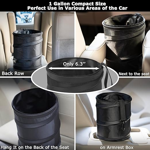 Ginsco New Leakproof Car Trash Can, 1 Gallon Mini Trash Can Pop-up Collapsible Hanging Car Trash Bin with Hook and Loop, Waterproof PEVA Liner Open-Top Garbage Can for Cars Home Office