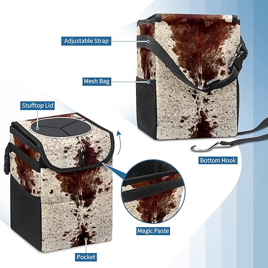 Western Brown Beige Cow Print Car Trash Can with Lid Collapsible Reusable Waterproof Car Garage Bag,Automotive Garbage Can,Car Accessories Interior Car Organizer