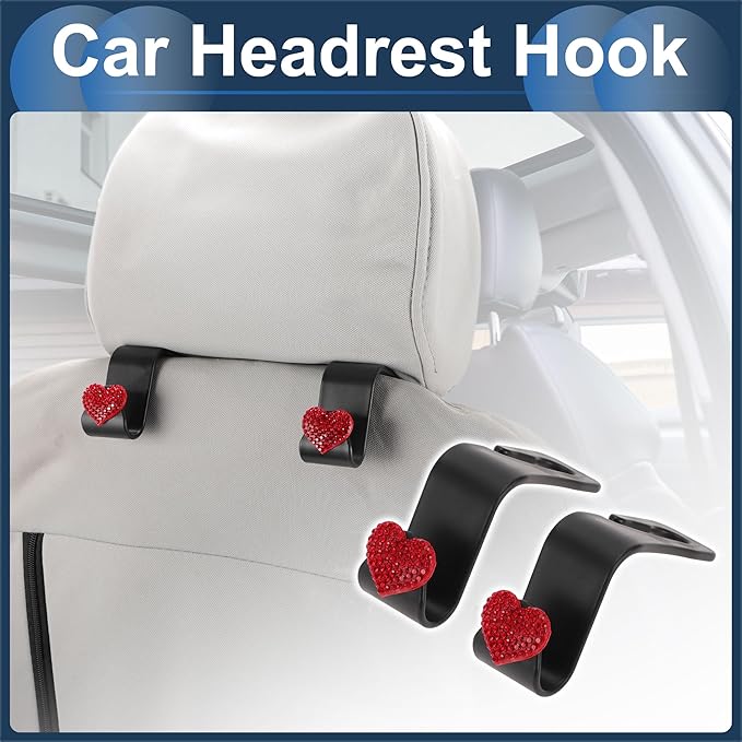 Car Seat Headrest Hook Interior Accessories for Most Car, SUV, Truck Car Seat Back Organizer Hooks Plastic Rhinestone Sturdy Red 2.4"x1.26"