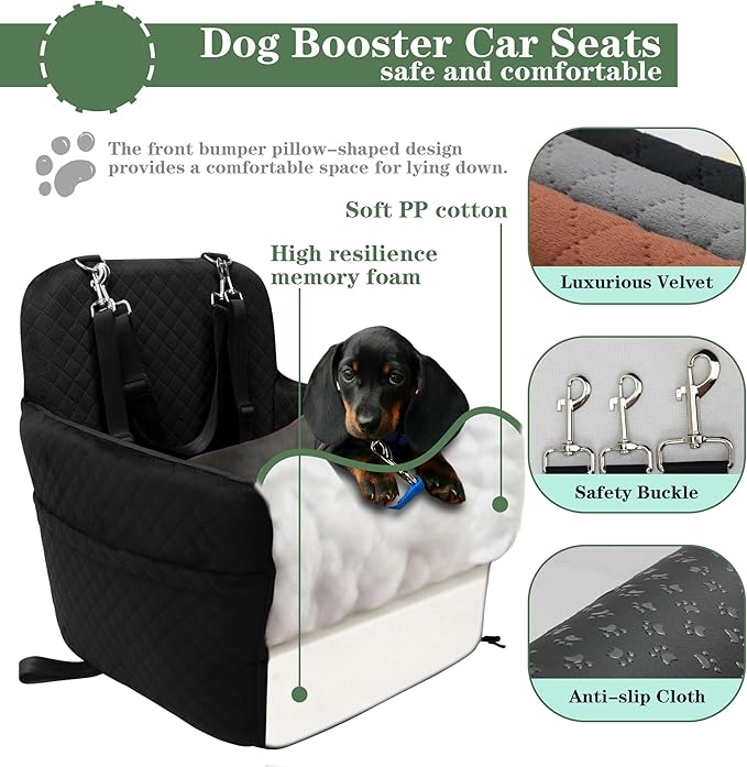 Dog Car Seat for Small/Medium Dogs,2 Adjustable Seat Belt,Memory Foam with Soft Fabric Pets Travel Car Bed with Non-Slip Bottom,Easily Installed in Front and Back Seats,Removable and Washable(H-Black