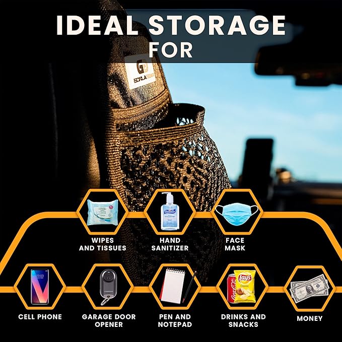 Gorla Gear Black Car Seat Side Organizer Hanging Organization Storage Bag Auto Accessories Multifunctional Mesh Net Pocket for Masks Sanitizer Drink Coin Change Pen Sunglass Phone Holder Truck SUV Van