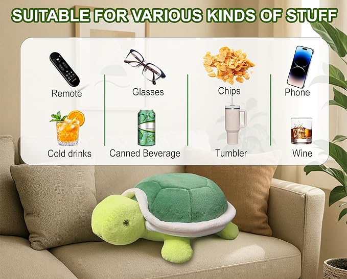Couch Cup Holder Pillow Tray & Caddy,Headrest and Giant Turtle Stuffed Animal-For Sofa, Bed, Car，Camping, Double Smooth zippers for the shell, soft plush.Spill-Proof Machine Washable tray (23inches）
