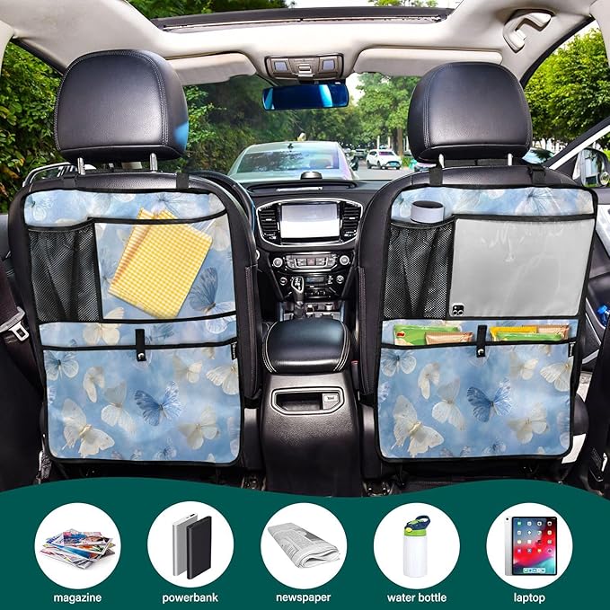 2 Pack Back Seat Car Organizer with Storage Pockets Kick Mats Back Seat Protector Hanging Car Organizer Automotive Seat Back Cover Organizers Sky Blue and White Butterflies