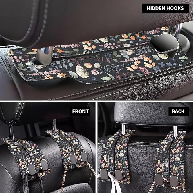 Car Seat Back Storage Headrest Hook, Premium Leather Double Metal Hook, Hanger Storage Organizer for Purse Cloth Bag, Car Interior Accessories Watercolor Boho Leaf