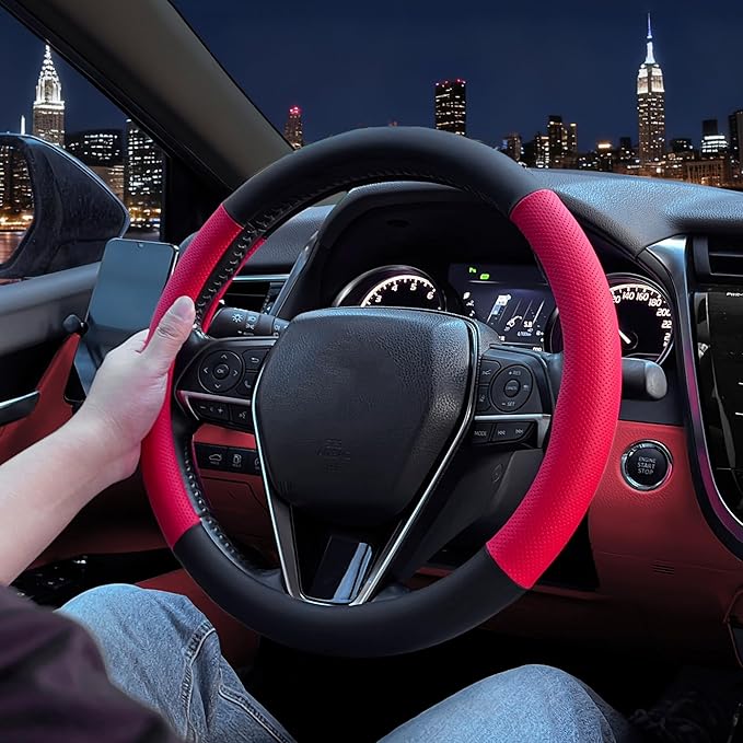 Steering Wheel Cover Standard Size 14.5-15 inch, Non-Slip Car Wheel Cover Protector, Breathable Microfiber Leather, Black and Red