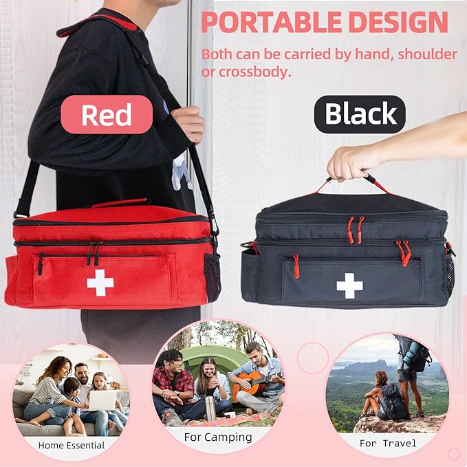 ALSLEA First Aid Bag Empty Large Medical Bag with Shoulder Strap 16”x 9½” x 7” Medicine Organizer Box Travel First Aid kit Emergency Supplies Storage Bag for Car, Home, Office, Outdoor (Red)