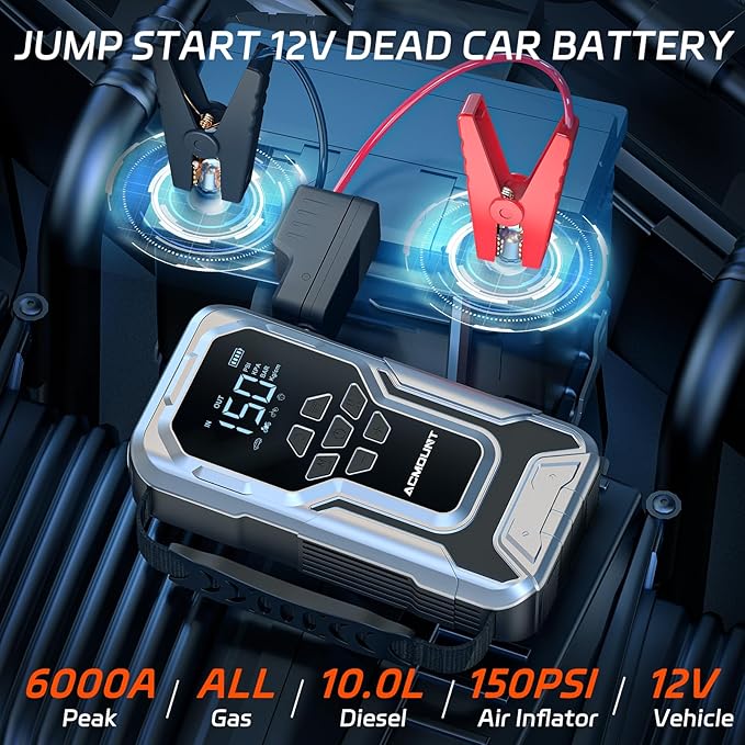 Acmount D18 Jump Starter with Air Compressor, 6000A Car Battery Jumper Starter Portable(All Gas/10.0L Diesel), 150PSI Tire Inflator Air Pump, 12V Jump Pack, Car Emergency Kit, Car Gift for Man