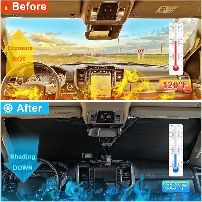 Premium Windshield Sun Shade for 2019-2025 2026 Dodge RAM 1500, Reflective 310T Material Front Window Sun Visor Blocks UV Rays Foldable Sunshade
