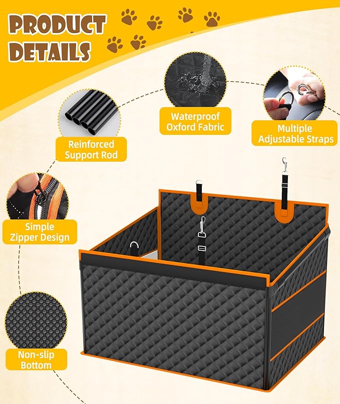 EPN Dog Car Seat for Large Dogs, Foldable Pet Car Seat with Waterproof Oxford Fabric, Non-Slip Bottom, Reinforced Support & Storage Pockets, Ideal for Road Trips