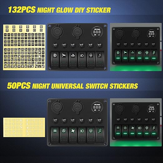 Nilight - 90123F 6 Gang ON Off Rocker Switch Panel Green Backlit 12V24V LED Digital Voltmeter Dual USB Charger Cigarette Lighter Socket Overload Protection Switch Panel For Cars RVs Boats