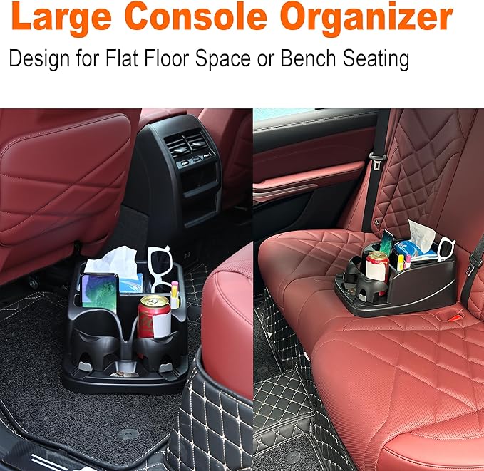 Car Console Organizer, Car Seat Organizer with 2 Adjustable Cup Holders, Center Console for Cars, Trucks, Minivans, SUVs, Vehicle Organizer, 3 Large Storage Compartment (Black)