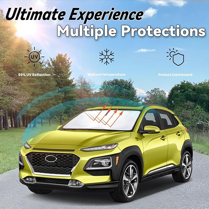 Windshield Sun Shade for 2018-2023 Hyundai Kona, Car Front Window Sunshade with 240T Sun Visor Protector Blocks UV Rays Heat Sun Shield Accessories