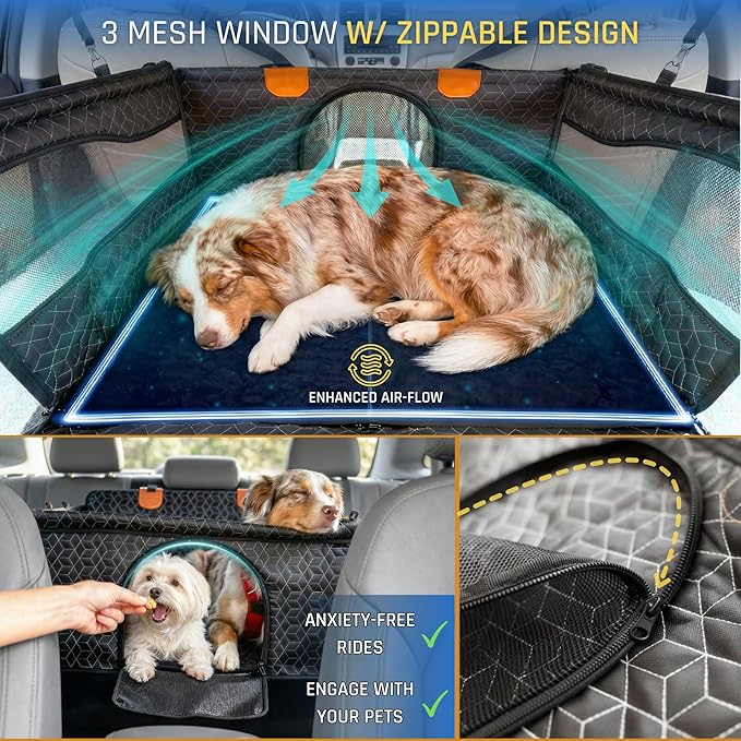 Dog Car Seat for Large Medium Dogs | Waterproof Dog Seat Cover for Back Seat with Hard Bottom | Alloy Twist-Lock Rods | 3 Mesh Windows | Removable Fleece Mat | Cars, SUVs, Trucks