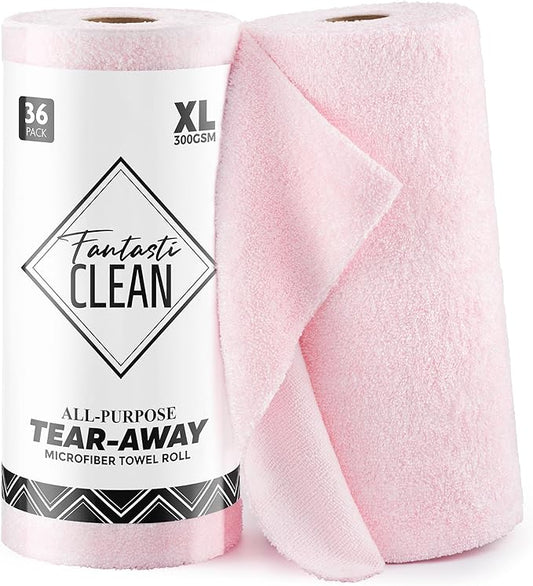 Fantasticlean Tear-Away Microfiber Cleaning Cloth Roll, 12'' by 12''- 36 Sheets, Thick & Large Detailing Towels, Ultra Absorbent, Lint-Free Reusable Wipes for Home, Car or Outdoor (Glossy Pink)